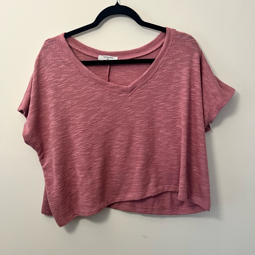 Zenana Outfitters Pink Cuffed Sleeve Crop Top